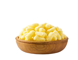 Corn sticks in a wooden plate close-up isolated on white background.