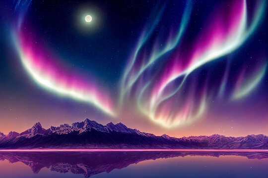 Aurora borealis on the Norway. Green northern lights above mountains. Night sky with polar lights. Night winter landscape with aurora and reflection on the water surface. Natural back