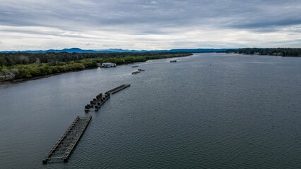 Aerial of an oyster farm on Hastings river in Port Macquarie, NSW, Australia.