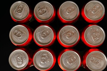 group of beer cans with water drops with black background