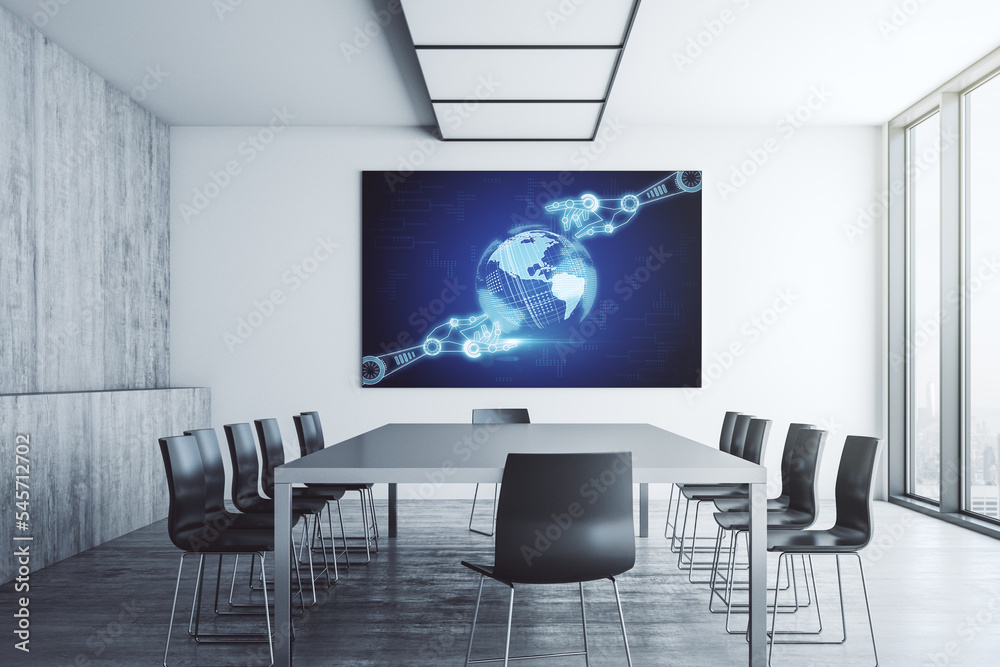 Poster creative abstract robotics technology hologram with globe on tv display in a modern presentation roo