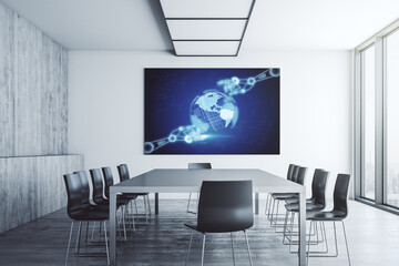 Creative abstract robotics technology hologram with globe on tv display in a modern presentation room, artificial intelligence and machine learning concept. 3D Rendering