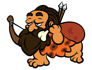 Cartoon illustration of dreadlock Caveman with bearded face, wearing animal skin outfit, going back to cave after hunting an animal with bow and arrow. Best for mascot with primeval themes