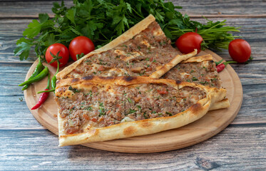 Traditional delicious Turkish food, pide with minced meat (Turkish name; kiymali pide)