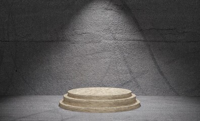 3D rendering of a marble podium under the limelight against a gray wall