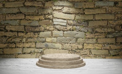 3D rendering of a marble podium under the limelight against a stone wall