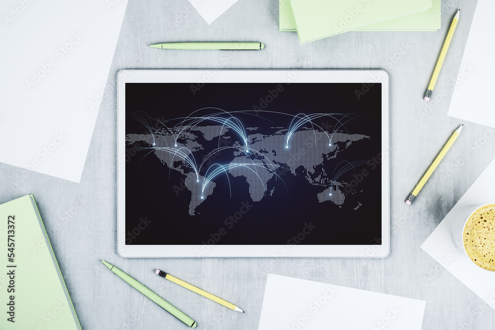 Poster Top view of modern digital tablet monitor with abstract world map with connections, research and strategy concept. 3D Rendering
