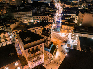 Aerial drone vew of beautiful christmas street in corfu greece