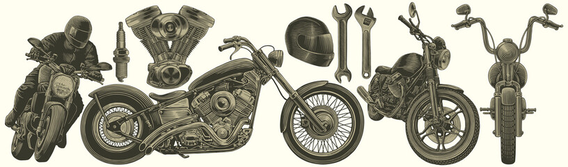 Fototapeta Old motorcycles. Design set. Editable hand drawn illustration. Vector vintage engraving. 8 EPS obraz