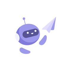 A cute robot launches a paper airplane. Chatbot concept, messenger communication. Answers to questions, virtual assistant, support. Isolated logo