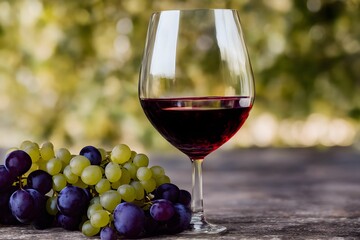 a glass of red wine with grapes nearby