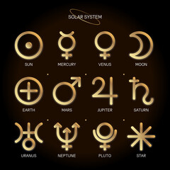 Solar system zodiac horoscope astrological thin line label linear design esoteric stylized elements symbols signs. Vector illustration icons © karnografff