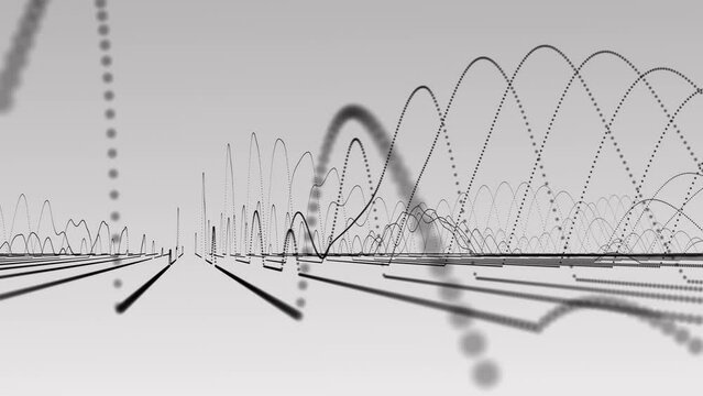 Oscillating sine waveforms flowing up and down at high frequency towards the camera. This physics oscillation concept motion background is 4K and a seamless loop.