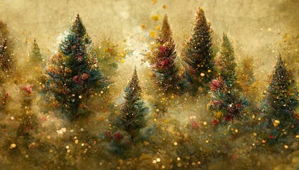 Abstract festive colorful background with Christmas trees and New Year decorations. Golden Background for a festive New Year's winter card.