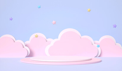 3D rendering pastel pink platform with papercut clouds and stars on pastel purple blue sky background, cartoon style for kid, children product presentation.