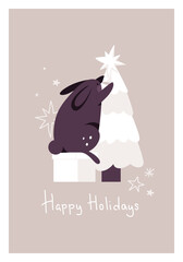 New year greeting card, rabbit decorates the tree, lettering happy holidays. Simple christmas poster. Contemporary art