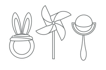 Vector set with baby Rattle, Pinwheel and Teething Toy. Illustration of Teether and Whirligig in outline style. Sketch of baby elements in black colors on isolated background for newborn shower.