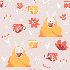 Seamless pattern with cute autumn rabbits and winter details. Abstract background in scandinavian style. Flat illustration with bunnies and cups