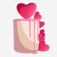Vector illustration of a pink cake with many pink hearts isolated on white. Party, Birthday, Happy Valentine's day, Wedding, bakery, pastry, food concept.