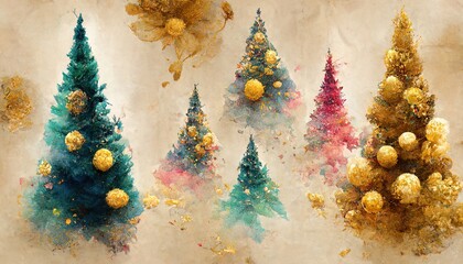 Abstract festive colorful background with Christmas trees and New Year decorations. Golden Background for a festive New Year's winter card.