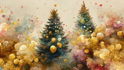 Obraz premium Abstract festive colorful background with Christmas trees and New Year decorations. Golden Background for a festive New Year's winter card.