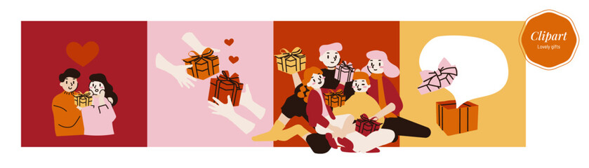 Gifting between couple and family, gifts to loved ones, illustration in warm vibrant colours