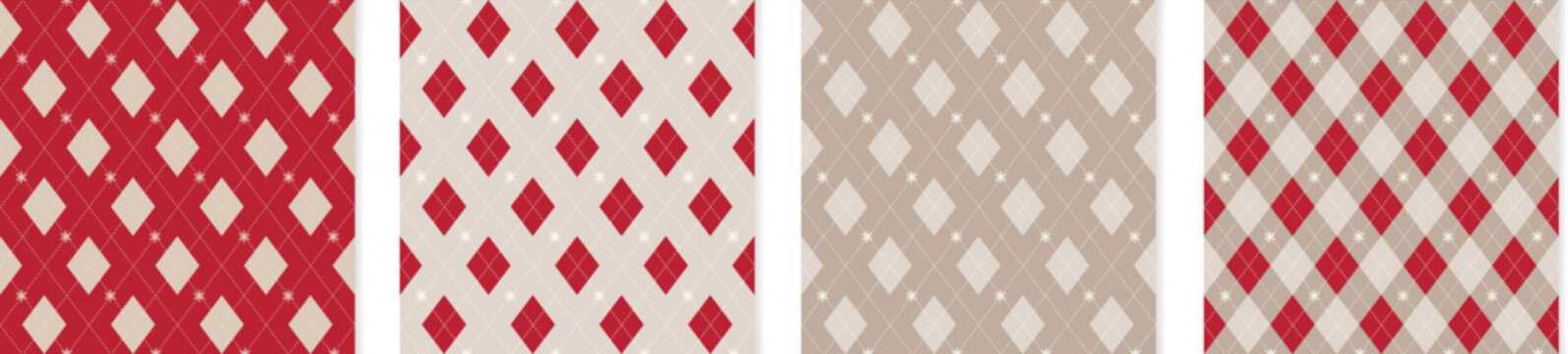Set of elegant Argyle plaid with Snowflake. Winter, New Year, Christmas backgrounds set. Modern Backgrounds for knitted garment such as sweaters, socks and more. Vector illustration