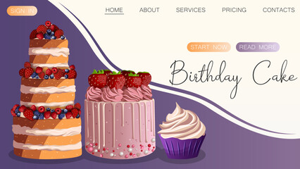 Birthday cakes, cupcake with candle, pastry isolated. Baking, bakery shop, cooking, sweet products, dessert, pastry, Birthday concept. Vector illustration for poster, banner, website, advertising