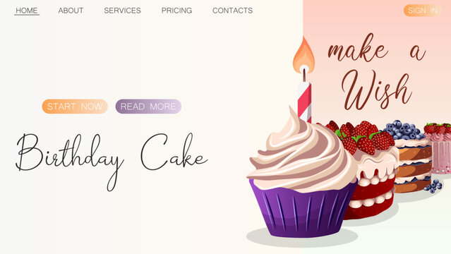 Birthday cakes, cupcake with candle, pastry isolated. Baking, bakery shop, cooking, sweet products, dessert, pastry, Birthday concept. Vector illustration for poster, banner, website, advertising