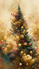 Obraz na płótnie Canvas Abstract festive colorful background with Christmas trees and New Year decorations. Golden Background for a festive New Year's winter card.