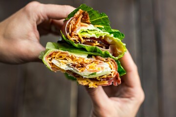 Closeup of delicious lettuce wraps in hands
