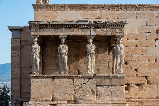 Beautiful Shot Of The Porch Of The Caryatids Female Figures In Athens, Greece On A Sunny Day