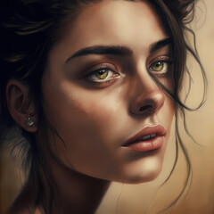 portrait of a young woman with brown hair. Illustration. Close-Up