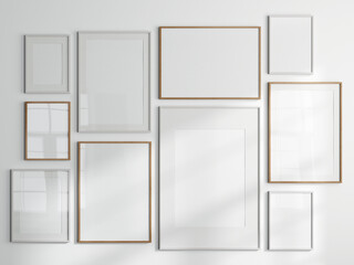 Gallery wall mockup, set of frames on the wall, 3d render