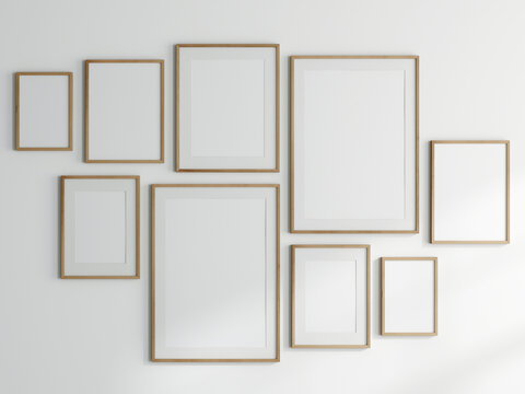 Gallery wall mockup, set of frames on the wall, 3d render