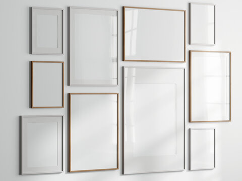 Gallery wall mockup, set of frames on the wall, 3d render