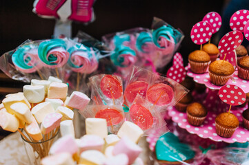 Lollipops, sweets, marshmallows, sweet cupcakes are on the table at the girl's birthday party. Food photography.