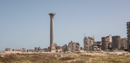 Panoramic view of the Pompey's pillar in Alexandria, Egypt.