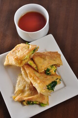 Martabak Telor or Martabak Telur. Savory pan-fried pastry stuffed with egg, meat and spices