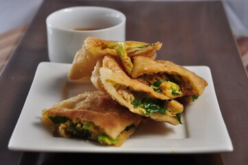 Martabak Telor or Martabak Telur. Savory pan-fried pastry stuffed with egg, meat and spices