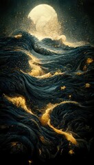 Obraz na płótnie Canvas Sea dark night landscape. Moonlight reflected in the waves of the ocean. Sea stormy wave with foam, nature abstraction.