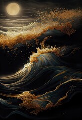 Fototapeta premium Sea dark night landscape. Moonlight reflected in the waves of the ocean. Sea stormy wave with foam, nature abstraction.