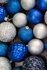 Blue and silver ornaments for Christmas, background