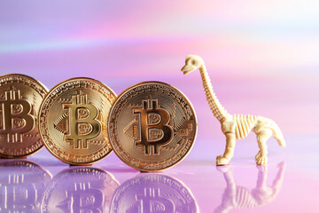 Golden bitcoin coins with dinosaur on neon background. digital currency, business style. Mining and...