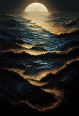 Fototapeta premium Sea dark night landscape. Moonlight reflected in the waves of the ocean. Sea stormy wave with foam, nature abstraction.