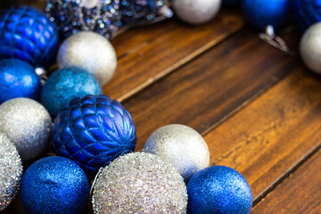 Blue and silver ornaments for Christmas, background