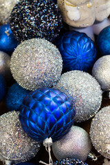 Blue and silver ornaments with snowflakes