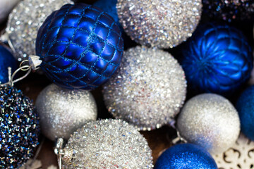 Blue and silver ornaments with snowflakes