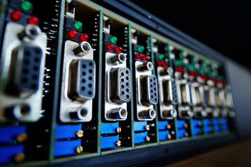 Board with chips, electronic chips, transistors and capacitors close-up. Electronic device detail...