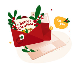 Christmas message banner. Vector illustration for New Year newsletter. Open  envelope with wishes, flowers, branches and lollipop on a laptop screen. Holiday template with text Merry Christmas.